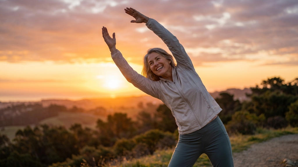 Energetic middle-aged person stretching outdoors at sunrise