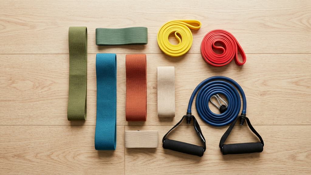 Set of colorful resistance bands arranged on the floor