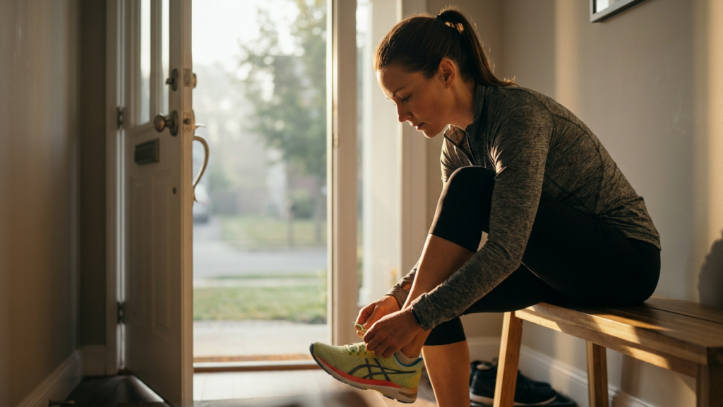 Person tying running shoes by the front door in early morning light
