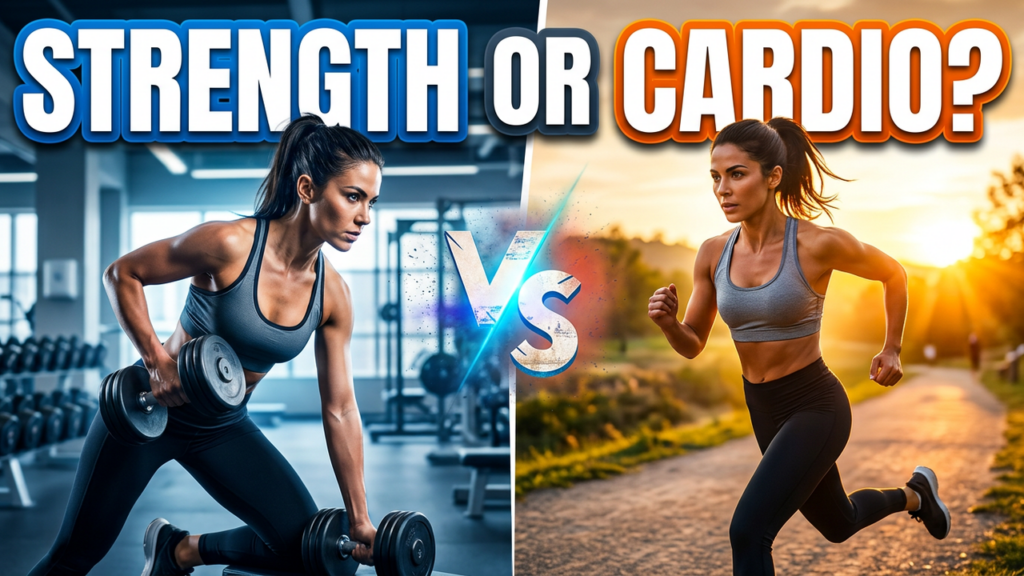 Strength training and cardio side by side, illustrating the best workout mix for fat loss