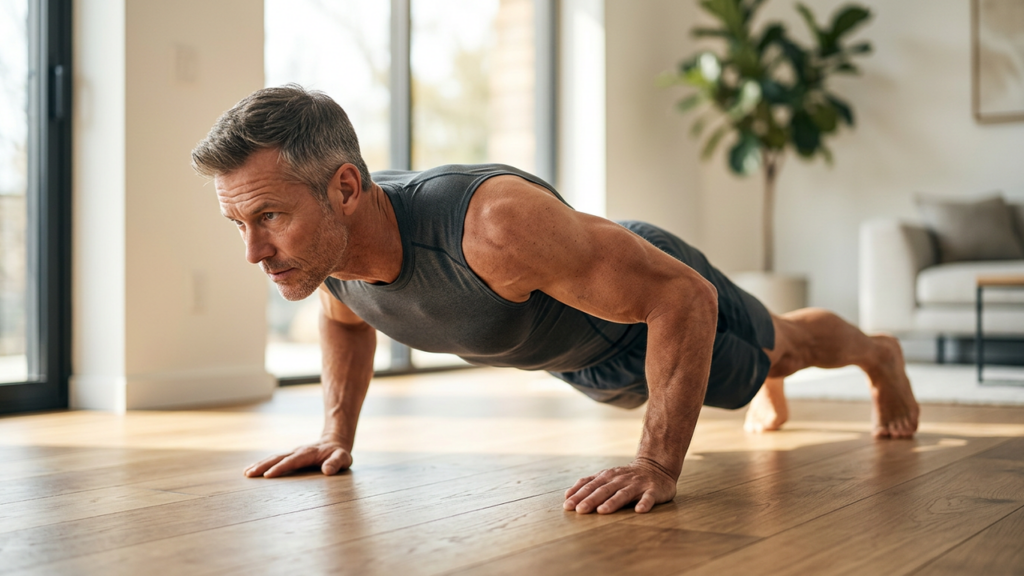 A fit man in his 40s doing a push-up during a no-equipment bodyweight workout at home