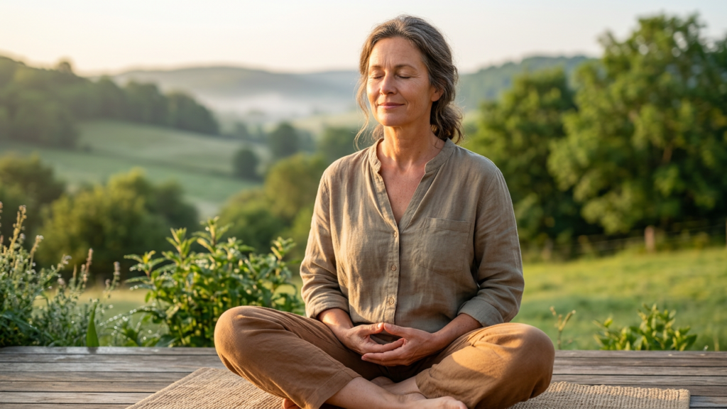 Person sitting outdoors doing a calm breathing exercise in morning light