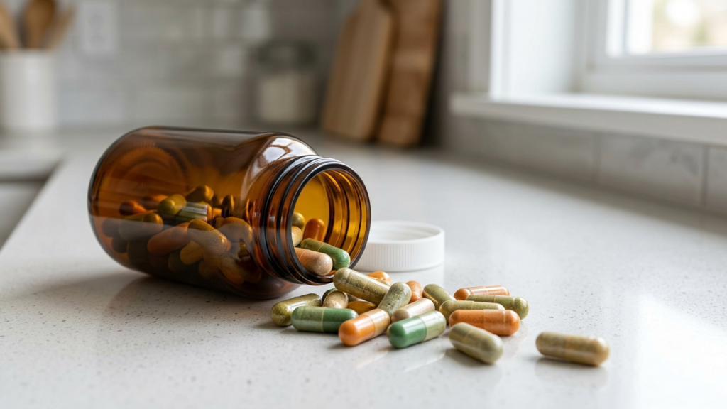 Multivitamin bottle with capsules spilled on a kitchen counter