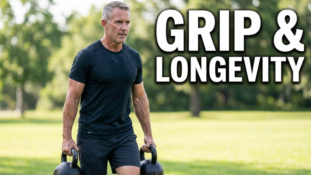 A person doing a dead hang to build grip strength, which research links to longevity