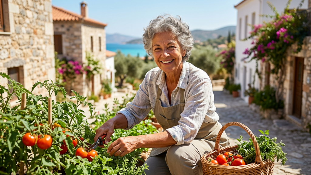 Active elderly person walking outdoors in a sunny Mediterranean village