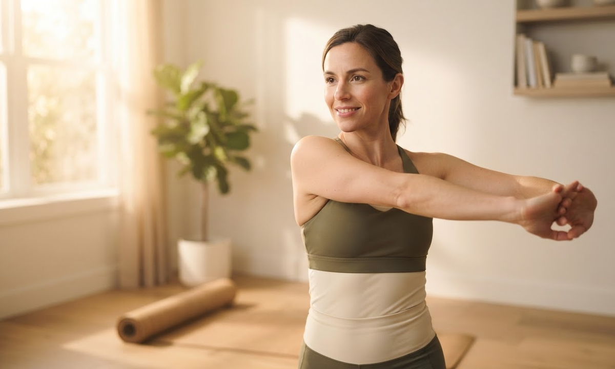 Person stretching in a bright healthy home setting