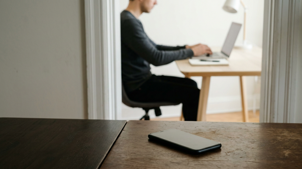 Smartphone face-down on a desk in another room while a person works focused