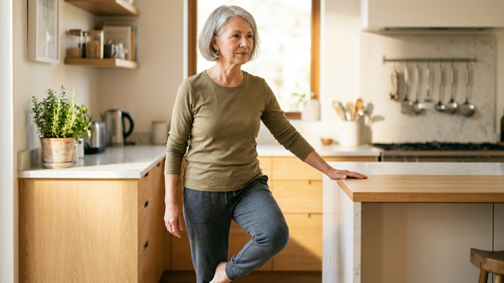 Older adult doing a single-leg balance exercise near a kitchen counter