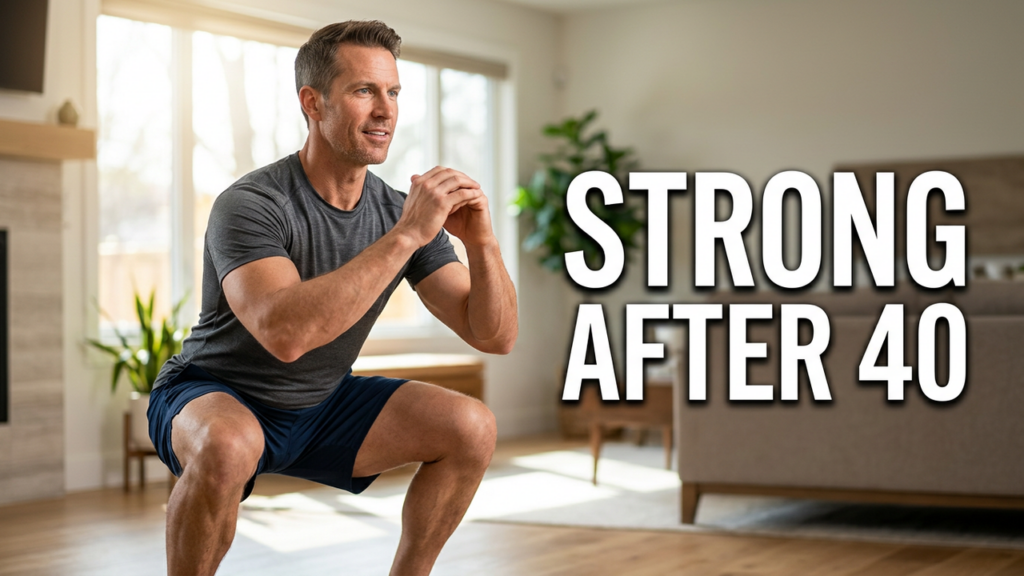 An active adult over 40 doing a strength exercise at home to stay strong and youthful