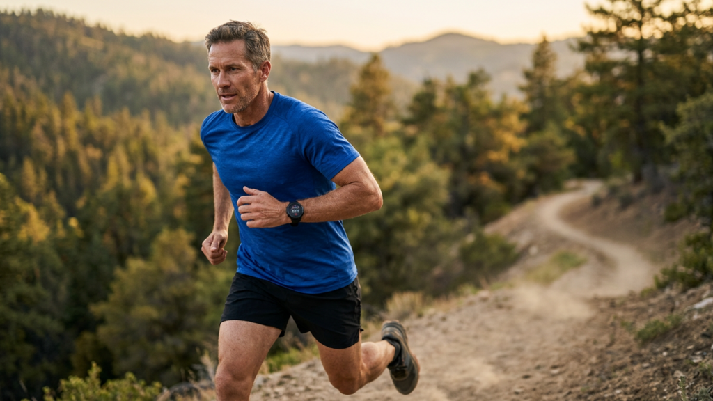 Person running hard outdoors wearing a fitness watch