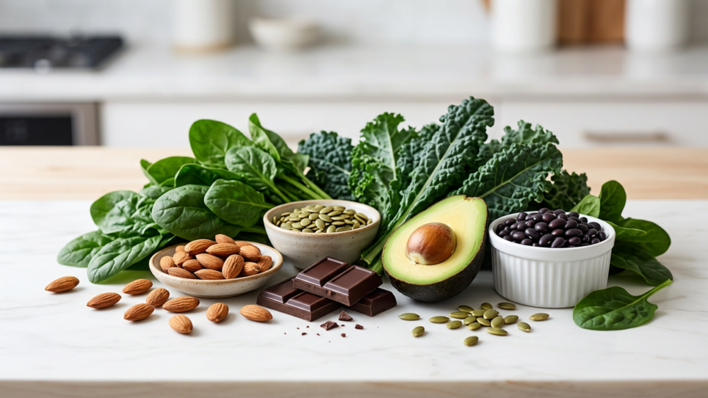 Magnesium-rich whole foods - leafy greens, almonds, pumpkin seeds, dark chocolate and avocado - on a bright kitchen counter