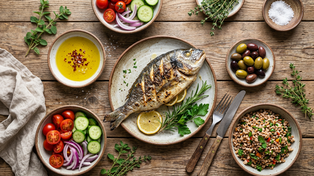 Overhead photo of a Mediterranean-style meal with grilled fish, olive oil, tomatoes, olives, and whole grains on a wooden table