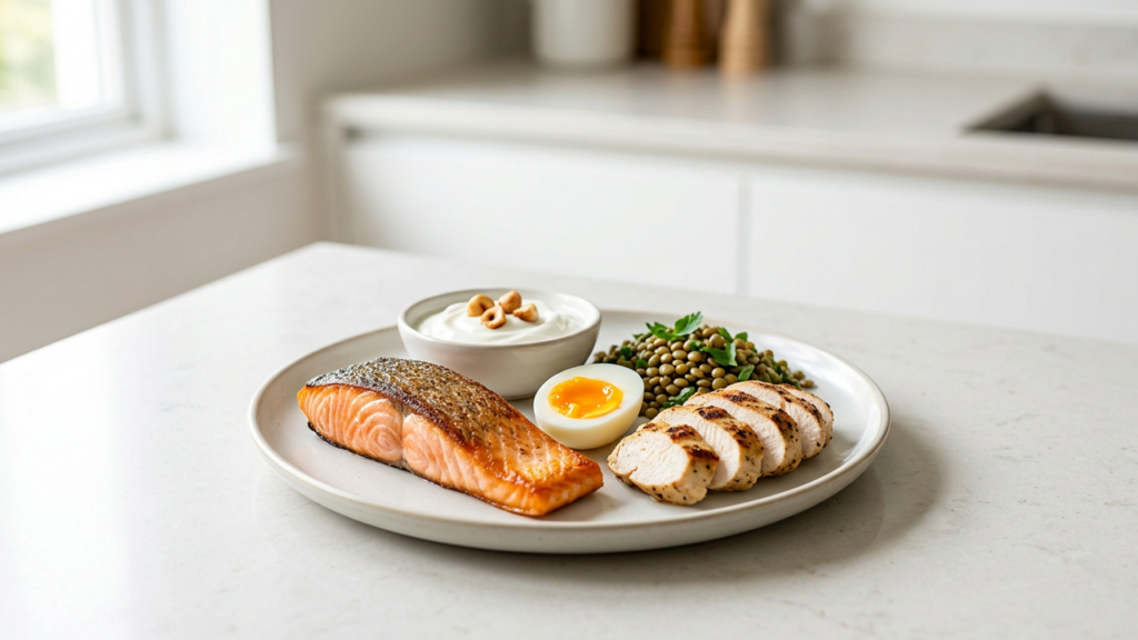 A plate of high-protein whole foods - eggs, salmon, chicken, and Greek yogurt - for adults over 40