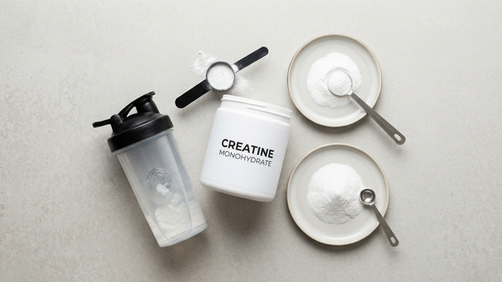 Tub of creatine monohydrate powder with scoop and shaker bottle