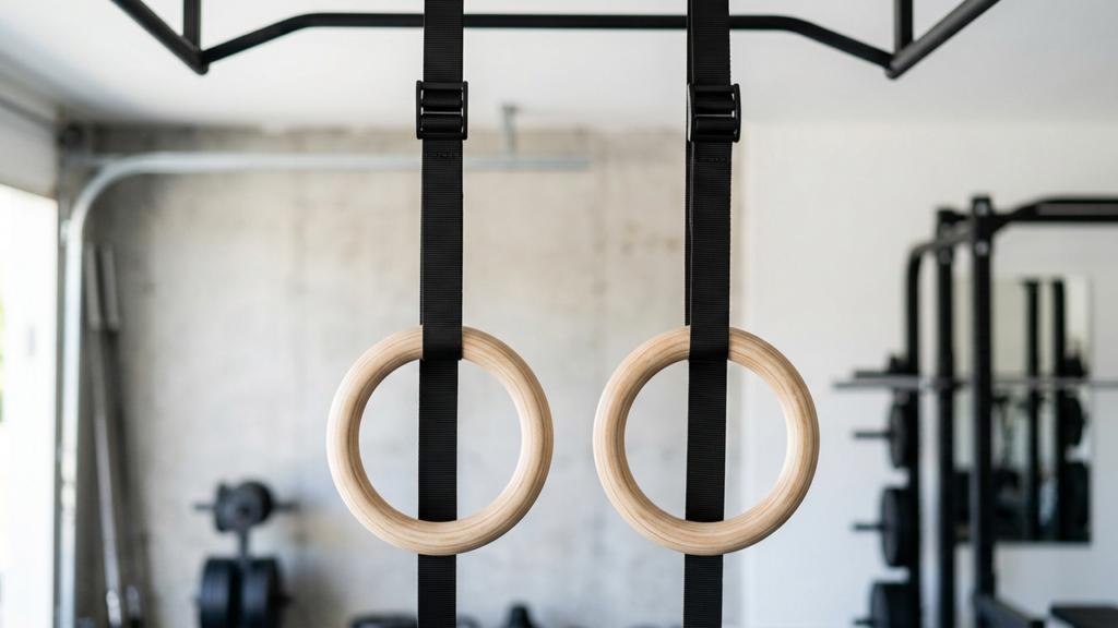 Pair of wooden gymnastic rings with straps hanging in a home gym