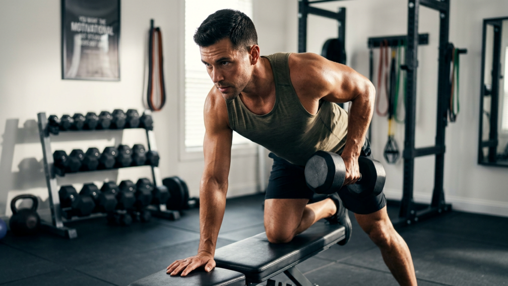 Person doing a dumbbell row in a home gym