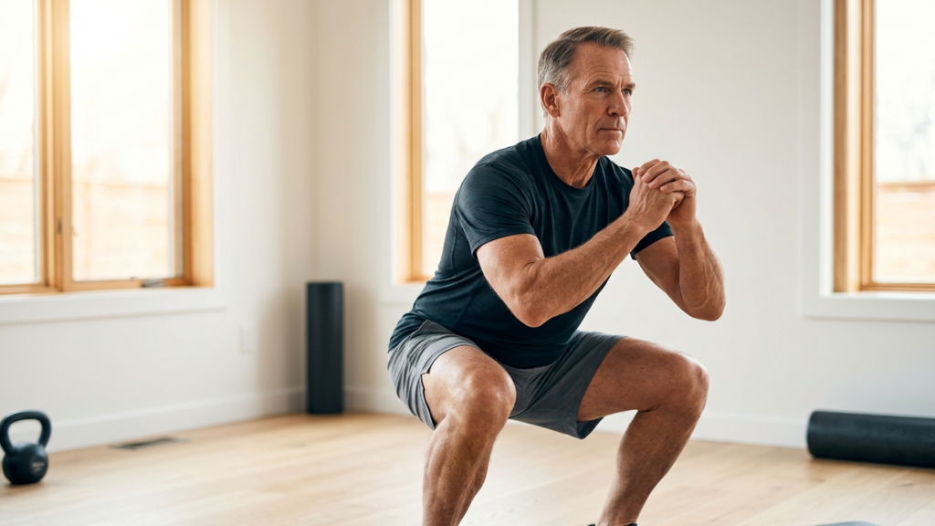 An older adult doing a bodyweight strength exercise at home to stay strong and mobile with age