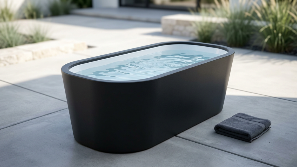 Modern cold plunge tub filled with water on a patio