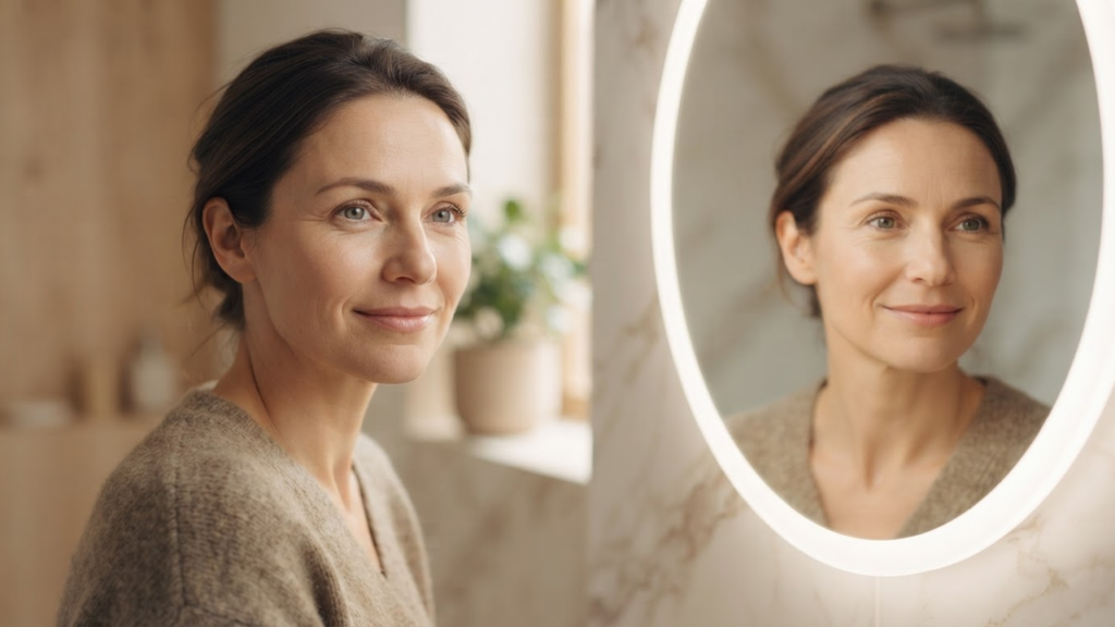 Woman looking at reflection with self-compassion
