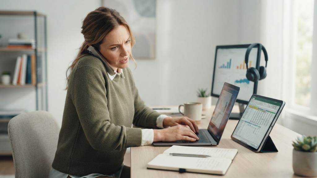 Woman overwhelmed by multitasking at desk