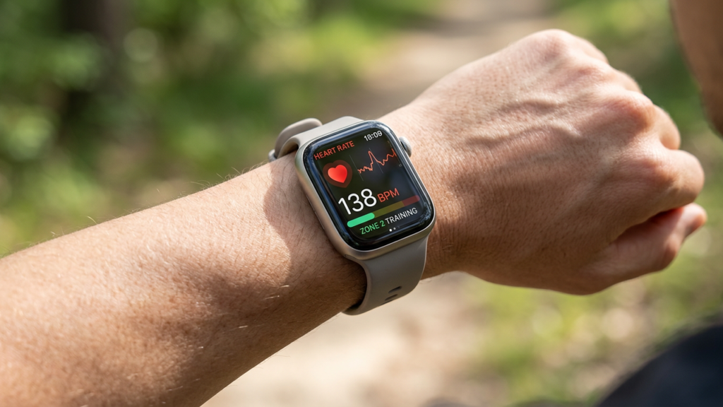 Fitness smartwatch on a wrist showing a heart rate screen
