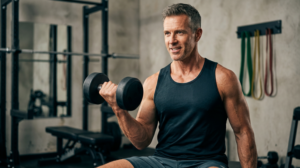 Fit person in their 40s lifting a dumbbell in a home gym