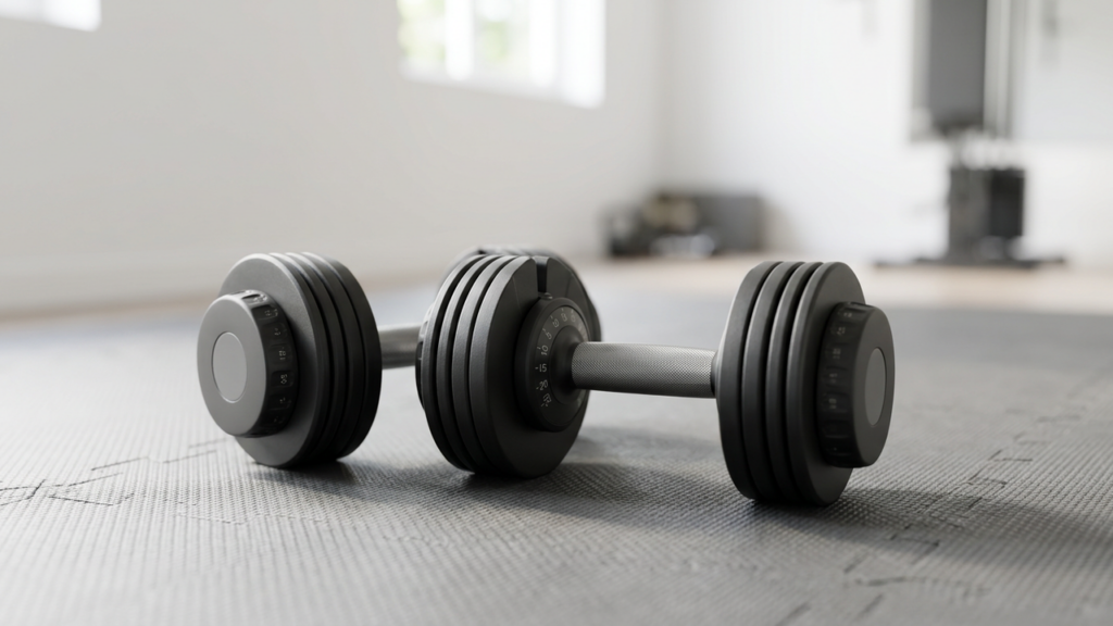 Pair of adjustable dial dumbbells on a home gym floor mat