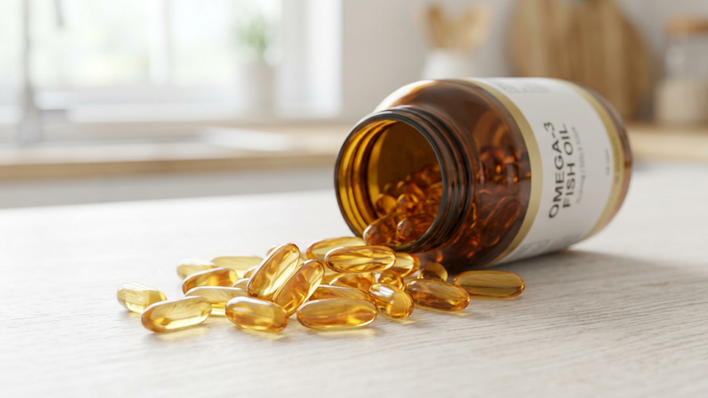 Omega-3 fish oil softgel capsules spilling from a bottle