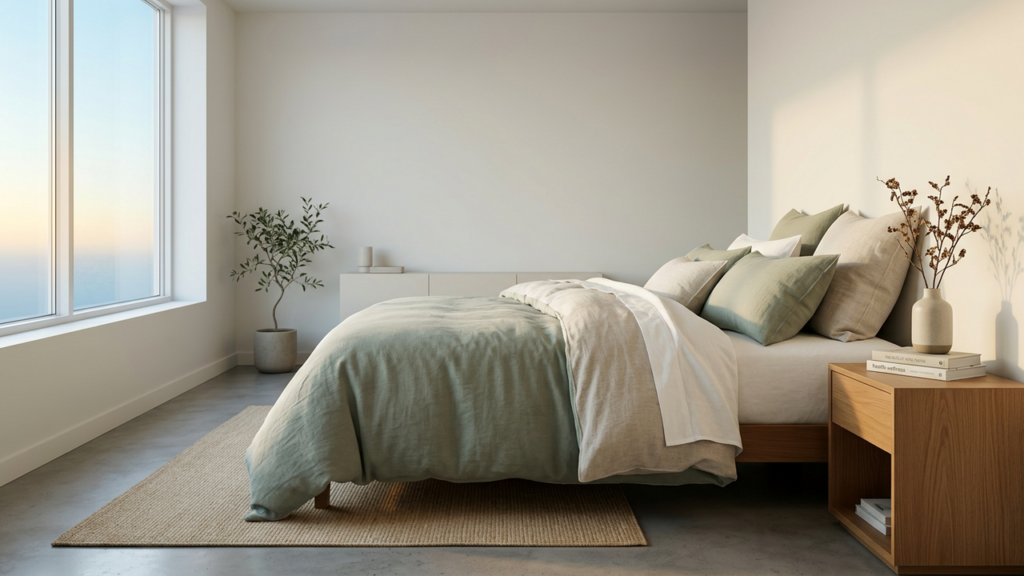 A calm, serene minimal bedroom at dawn with soft natural light, representing better sleep after 40