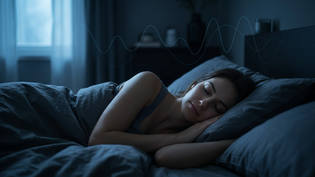 Person sleeping peacefully in a dark bedroom with soft blue moonlight and a subtle sleep-cycle brainwave graphic