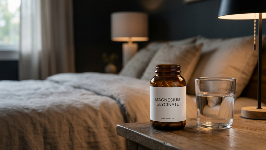 Bottle of magnesium supplement capsules next to a glass of water on a nightstand