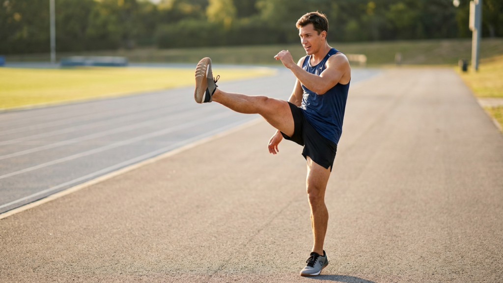 Person doing a dynamic leg swing warm-up stretch outdoors