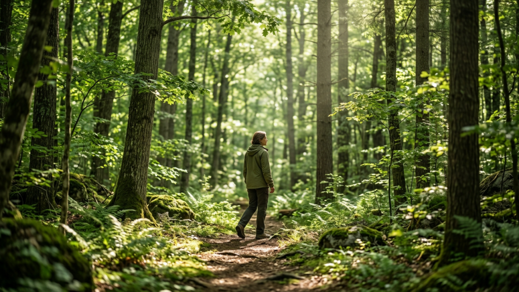 Forest bathing shinrin-yoku - walking slowly through a green forest