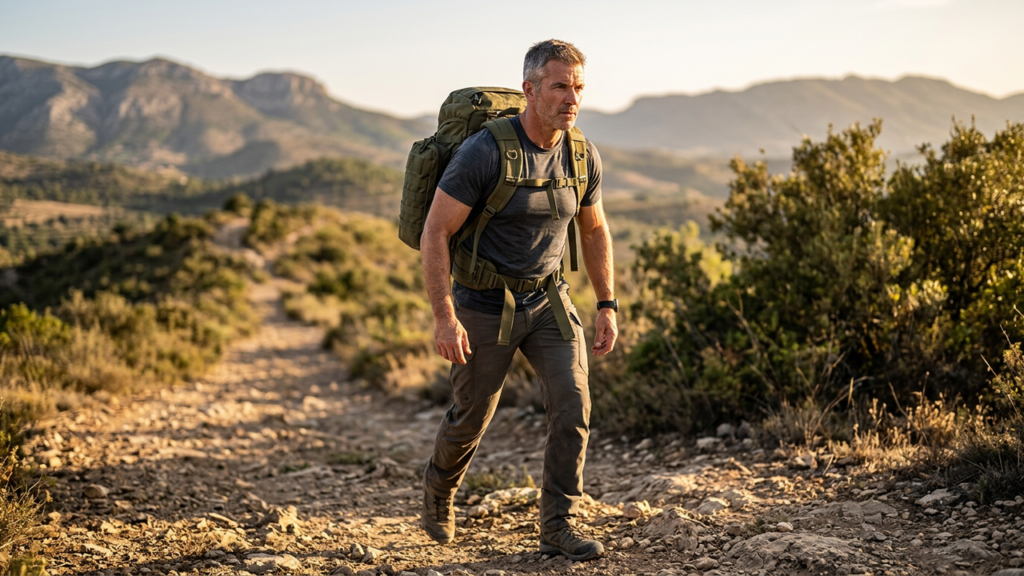 A fit man rucking with a weighted backpack on an outdoor trail at golden hour, echoing Roman legionary loaded-march training