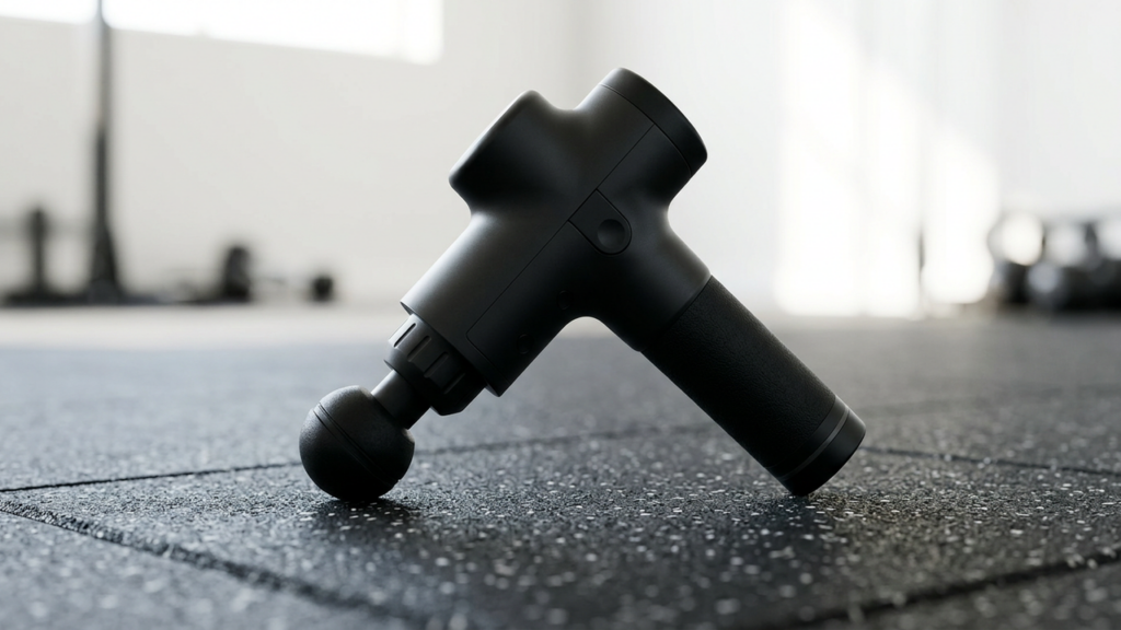 Percussion massage gun on a home gym floor mat