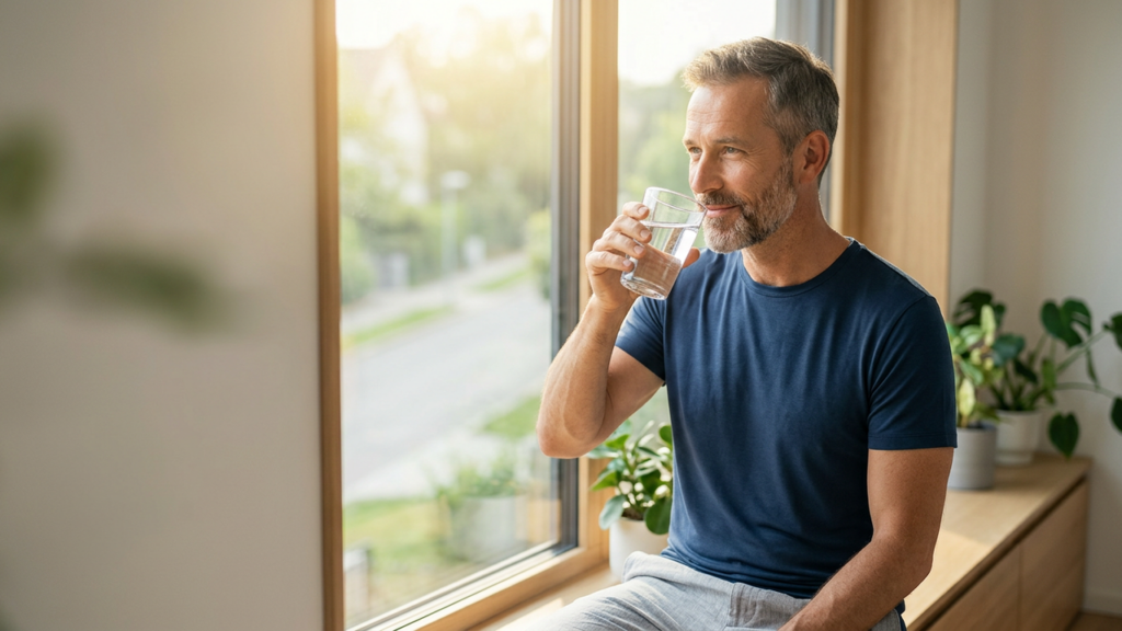 A calm, energized man around 50 starting his morning with water and sunlight by a window, representing a healthy morning routine
