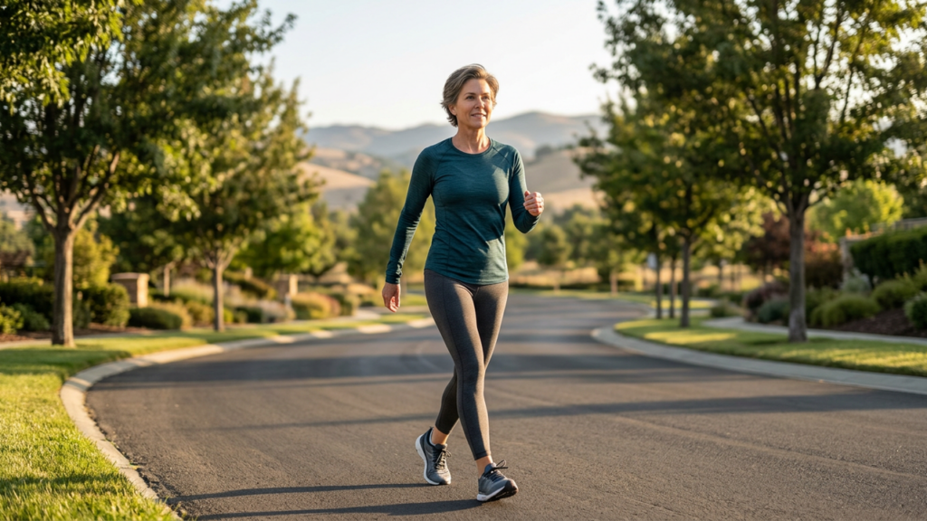 A fit, healthy person around 50 walking briskly outdoors on a scenic path in the morning, representing walking for weight loss