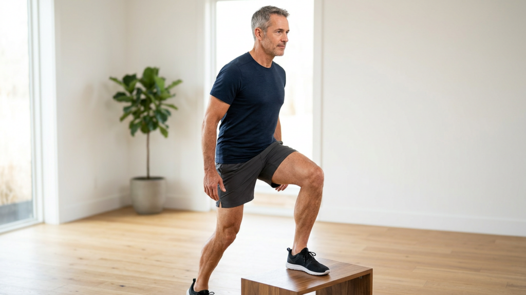 A man in his 50s doing a controlled leg-strengthening exercise at home to build strong, pain-free knees