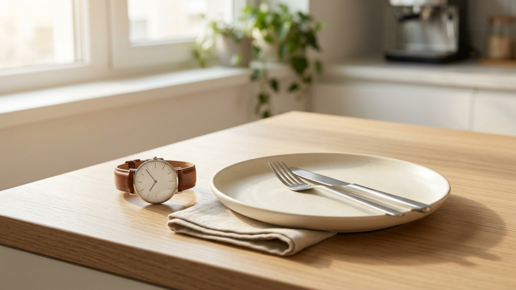 Clock next to an empty plate symbolizing a fasting window