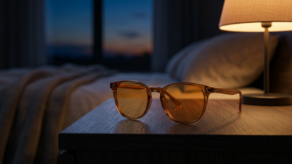 Amber-tinted blue light blocking glasses on a nightstand in the evening