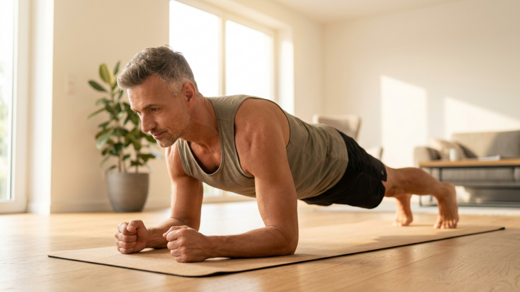 An athletic man around 50 holding a strong forearm plank on a mat at home to build core strength