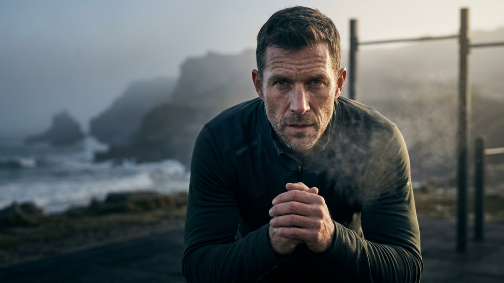 A focused, resilient man in his 40s staying composed during a tough early-morning workout, representing mental toughness