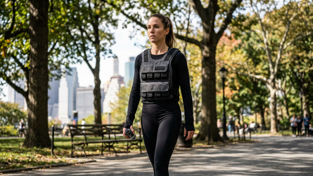 Woman walking outdoors wearing a weighted vest over athletic clothing in a city park