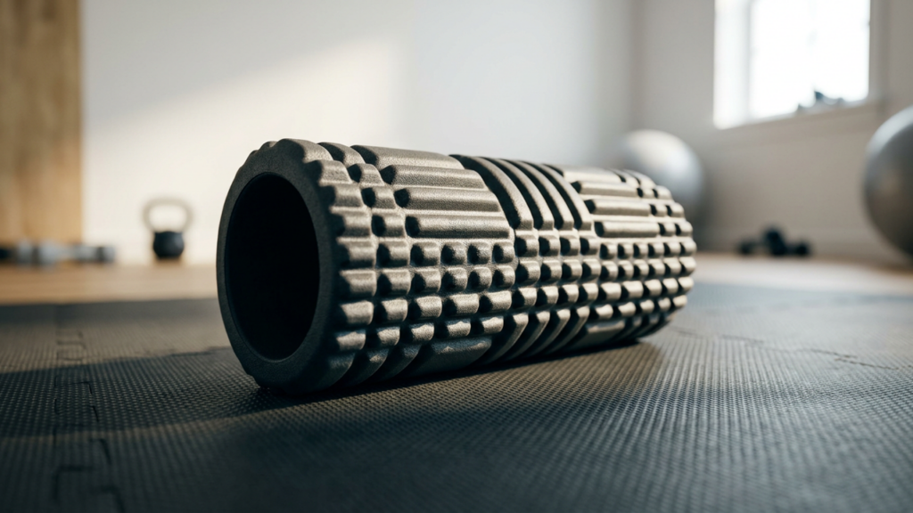 Textured foam roller on a home gym floor mat