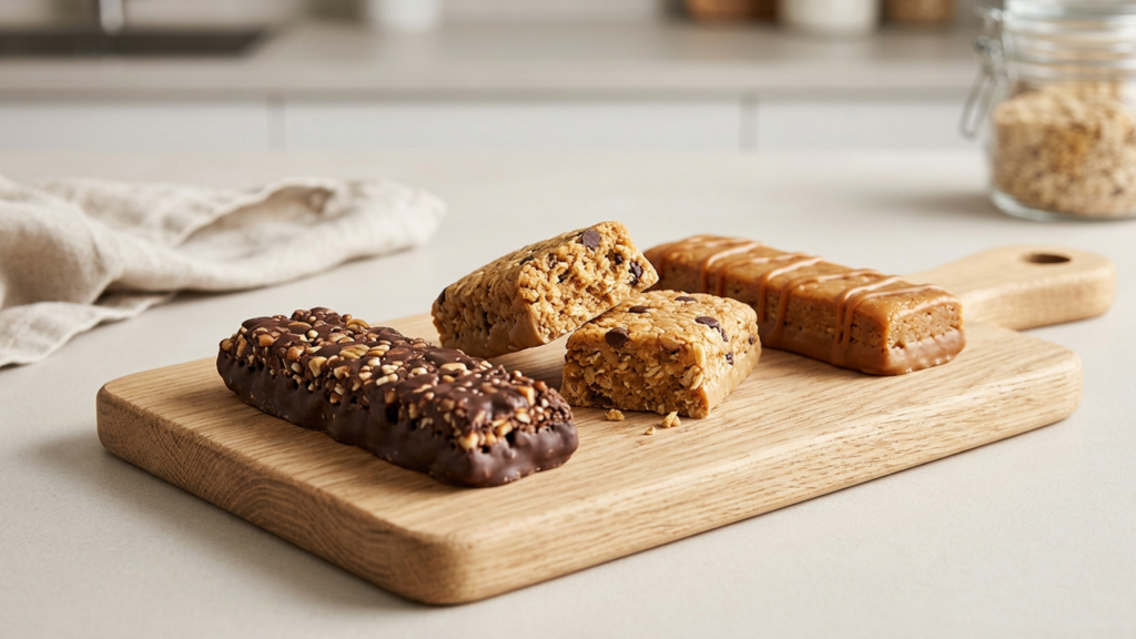 A few protein bars unwrapped on a light neutral surface