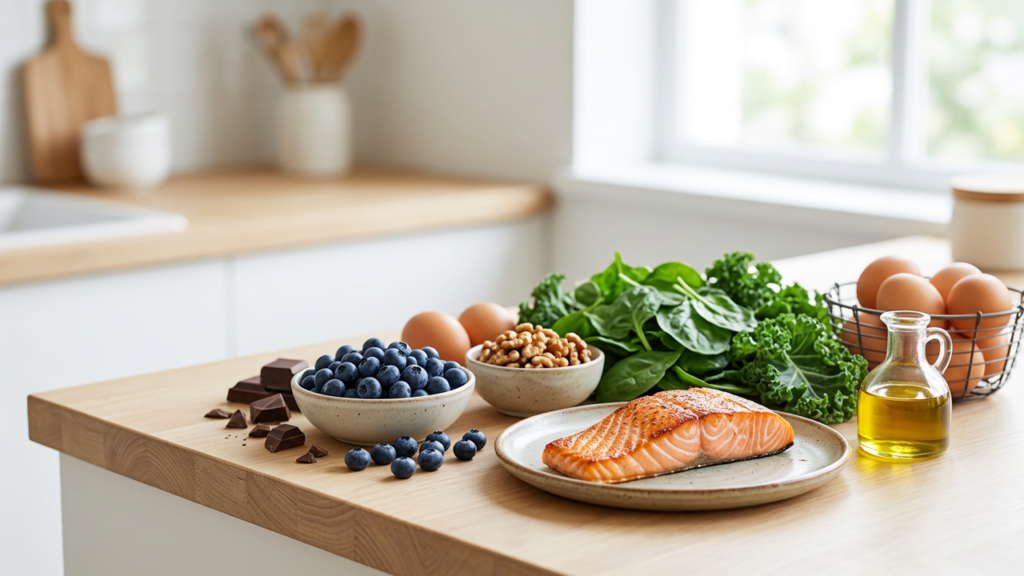 Brain-healthy whole foods - salmon, blueberries, walnuts, leafy greens, eggs and olive oil - on a bright kitchen counter
