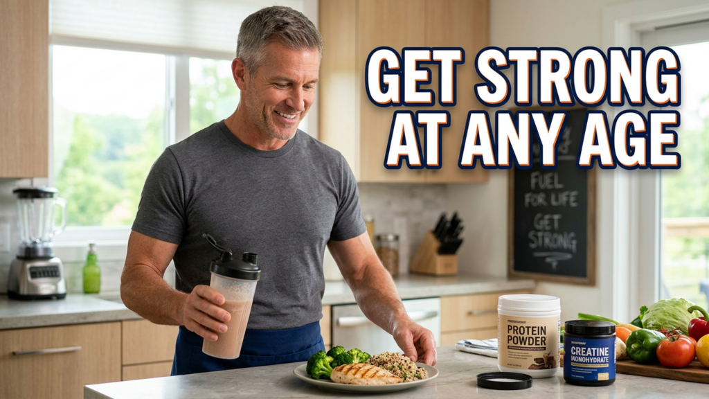 Creatine powder and protein-rich foods for preserving muscle strength while aging