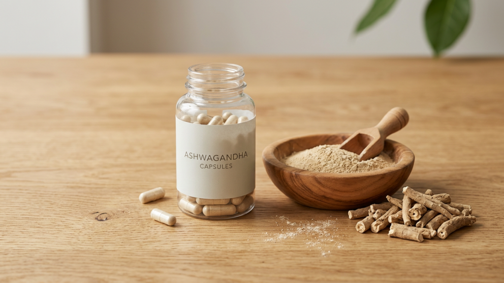 Ashwagandha root and supplement capsules for stress and cortisol