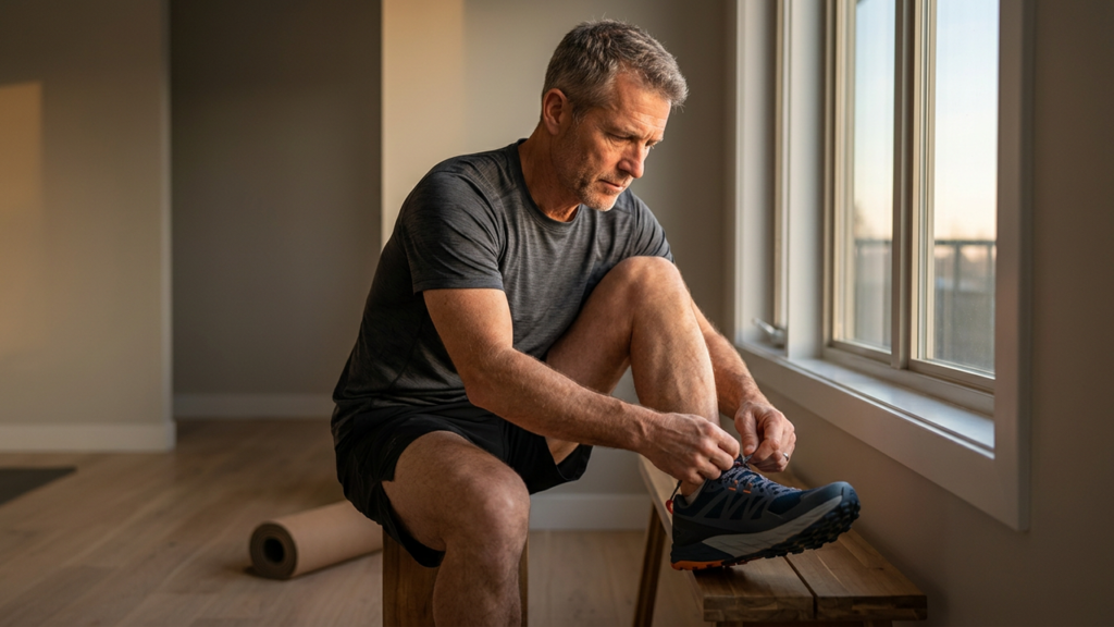 A determined man in his 50s starting a disciplined early-morning workout routine at home