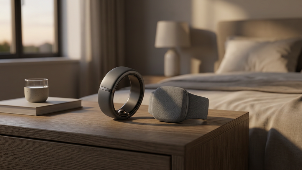 Smart ring and sleep tracker device on a nightstand